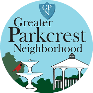 greater parkcrest neighborhood text with graphic of white gazebo and fountain