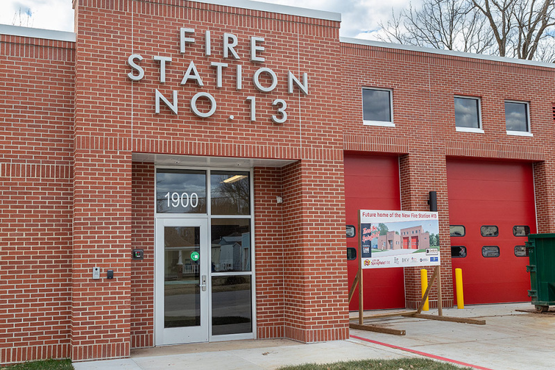 photo of front entrance of nearly complete, new fire station